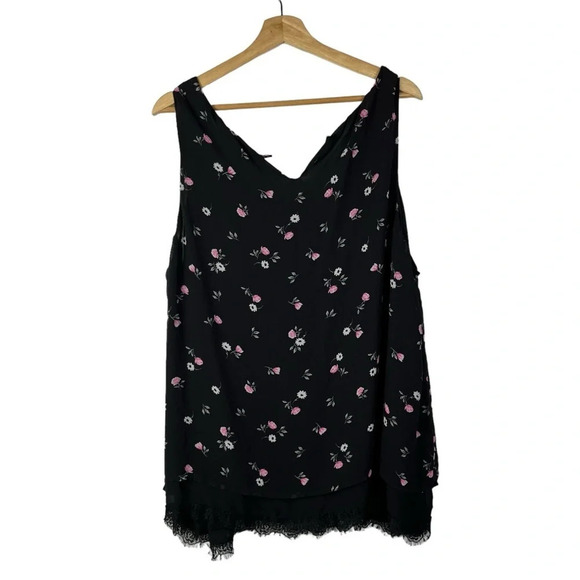 Torrid Black & Pink Floral Scoop Neck Lace Hem Blouse 3 - Picture 2 of 4